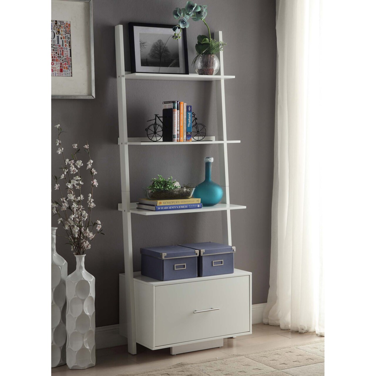 Convenience Concepts American Heritage Ladder Bookcase with File Drawer, White
